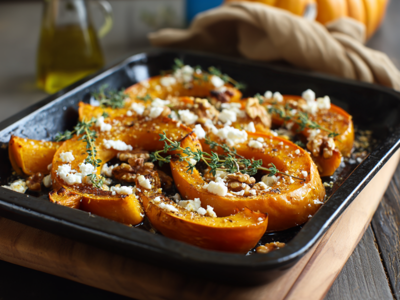 Ofenkürbis mit Feta in einem schwarzen Backblech auf einem Holzuntersetzer. Im Hintergrund sieht man eine Flasche Öl, ein Küchentuch sowie einen Kürbis.