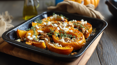 Ofenkürbis mit Feta in einem schwarzen Backblech auf einem Holzuntersetzer. Im Hintergrund sieht man eine Flasche Öl, ein Küchentuch sowie einen Kürbis.