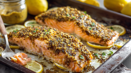 Ofenlachs mit Senfkruste auf einem Backblech, serviert mit ZItrine.