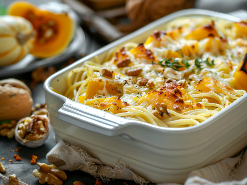 Eine Auflaufform mit Ofen-Spaghetti mit Kürbis und Walnuss. Drum herum liegen Kürbisse und Walnüsse.