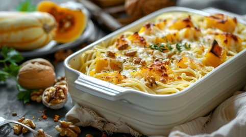 Eine Auflaufform mit Ofen-Spaghetti mit Kürbis und Walnuss. Drum herum liegen Kürbisse und Walnüsse.