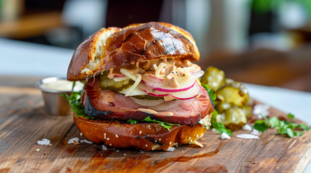 Ein Oktoberfest-Burger auf einem Holzbrett. Im Hintergrund sind noch Gewürzgurken, Kräuter und Mayonnaise zu sehen.