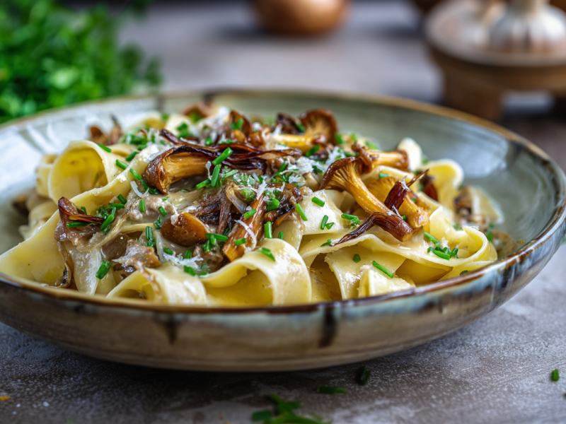 Ein Teller Pappardelle mit Pilzragout auf grauem Untergrund. Im Hintergrund sieht man frische Kräuter, Pilze und eine Knoblauchknolle.