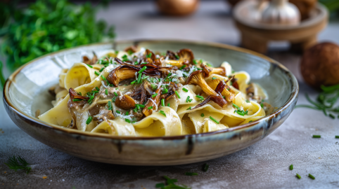 Ein Teller Pappardelle mit Pilzragout auf grauem Untergrund. Im Hintergrund sieht man frische Kräuter, Pilze und eine Knoblauchknolle.