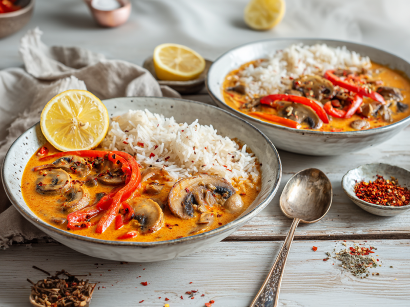 Zwei Teller Paprika-Curry auf einem weißen Holztisch. Neben dem vorderen Teller liegt ein Löffel. Auf dem Tisch sind einige Schalen mit Gewürzen zu sehen.