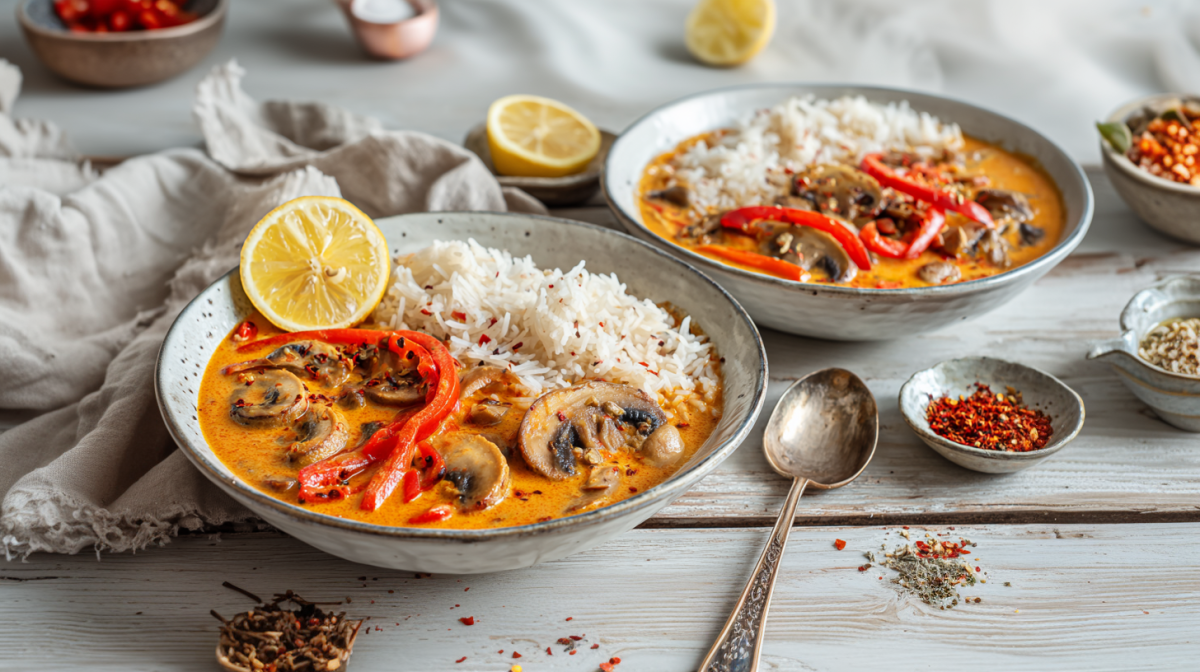 Zwei Teller Paprika-Curry auf einem weißen Holztisch. Neben dem vorderen Teller liegt ein Löffel. Auf dem Tisch sind einige Schalen mit Gewürzen zu sehen.