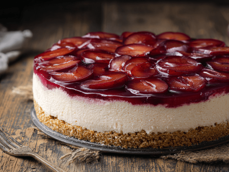 Ein Pflaumen-Cheesecake mit Frischkäse-Schicht.