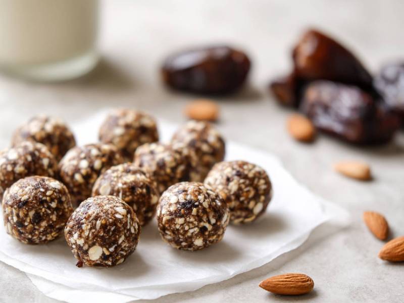 Pflaumen-Mandel-Energy-Balls auf einem Tisch, getrocknete Pflaumen im Hintergrund