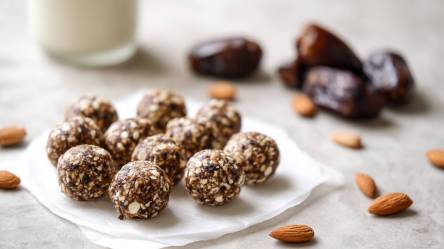 Pflaumen-Mandel-Energy-Balls auf einem Tisch, getrocknete Pflaumen im Hintergrund
