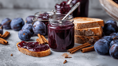Einige Gläser mit Pflaumenmarmelade auf einem grauen Untergrund. Vor dem vordesten liegt ein Brot mit der Marmelade darauf. Drumherum sind einige Pflaumen sowie Zimtstangen verteilt.