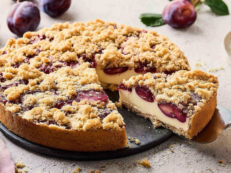 Pflaumen-Puddingkuchen mit Streuseln von dem gerade ein Stück entnommen wurde.