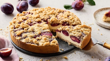 Pflaumen-Puddingkuchen mit Streuseln von dem gerade ein Stück entnommen wurde.