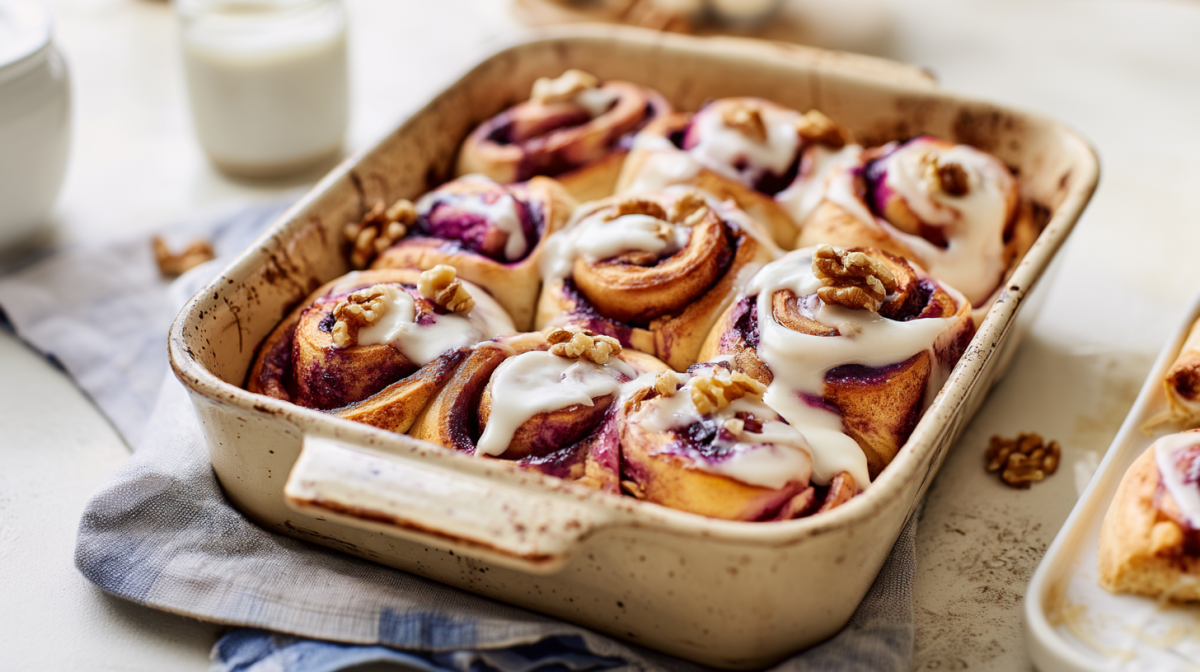 Eine Backform mit sechs Pflaumen-Zimtschnecken auf hellem Untergrund. Im Hintergrund sieht man noch ein Glas stehen. Rechts neben der Form sieht man angeschnitten ein Tablett mit noch mehr Zimtschnecken.