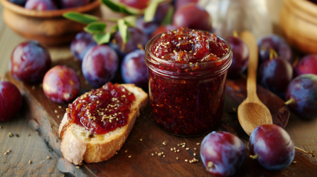 Ein Glas Pflaumen-Zwiebel-Chutney auf einem Holzbrett. Darum verteilt sind viele Pflaumen. Neben dem Glas liegt ein Stück Brot mit dem Chutney.