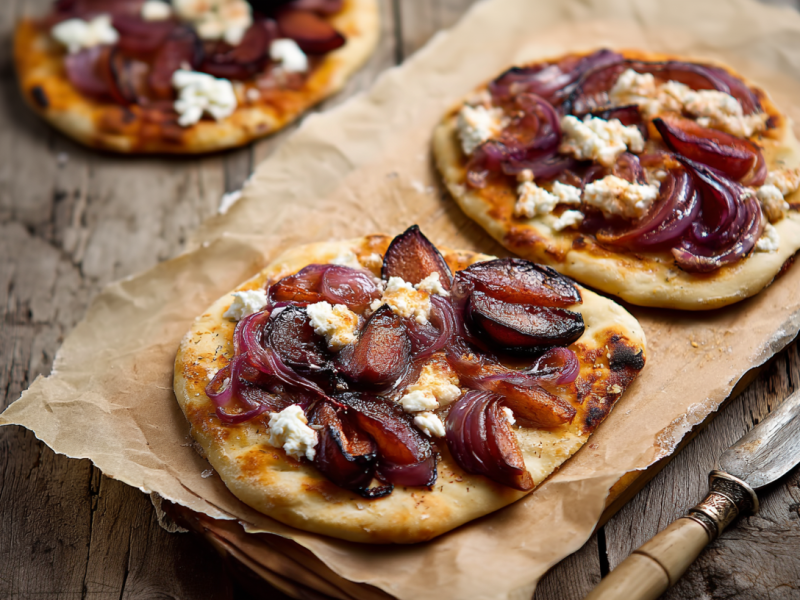 Ein Backpapier mit mehreren kleinen Pflaumen-Zwiebel-Pizzen. Daneben liegt ein Messer.