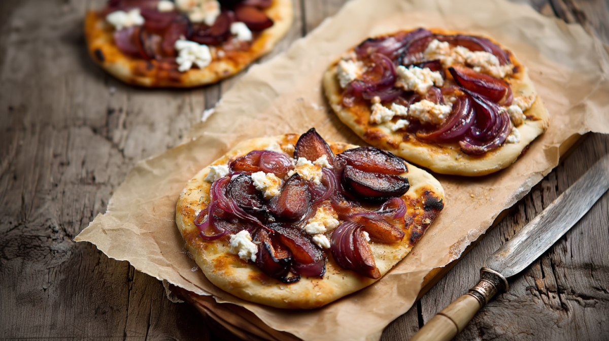 Ein Backpapier mit mehreren kleinen Pflaumen-Zwiebel-Pizzen. Daneben liegt ein Messer.