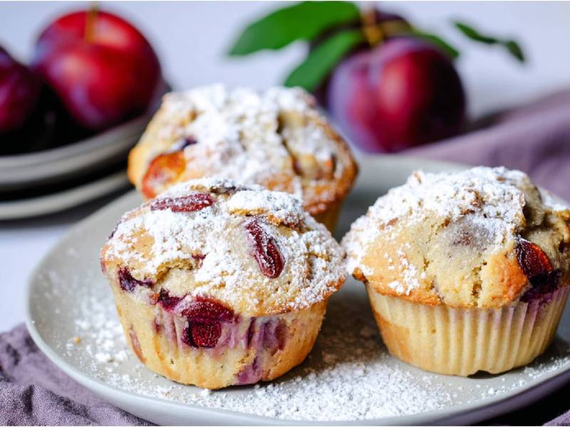 Teller mit drei Pflaumenmuffins mit Quark-Öl-Teig, frische Pflaumen im Hintergrund