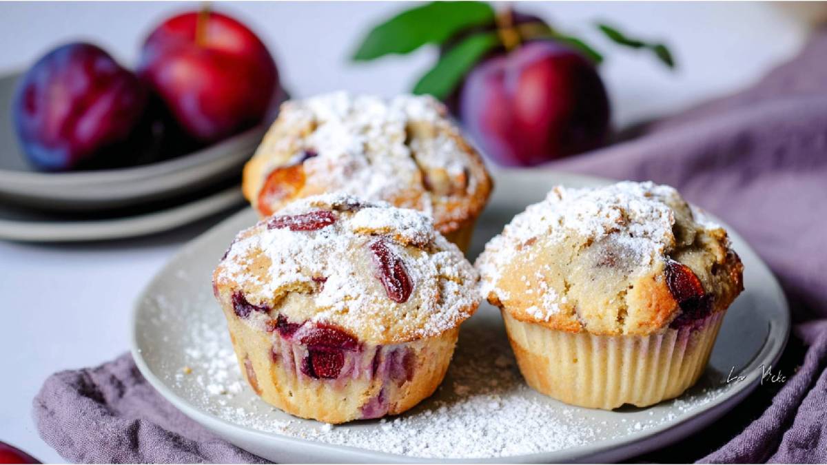 Teller mit drei Pflaumenmuffins mit Quark-Öl-Teig, frische Pflaumen im Hintergrund