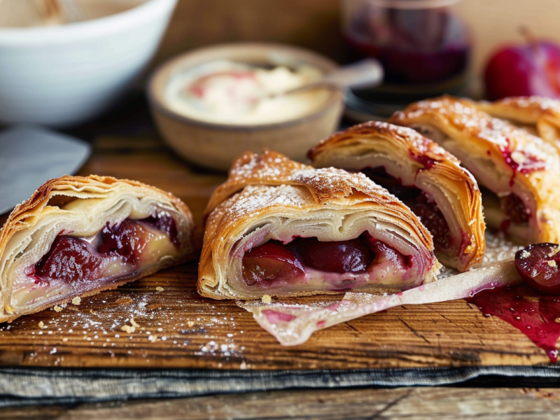 Ein Pflaumenstrudel mit fruchtiger Füllung auf einem Holzbrett.