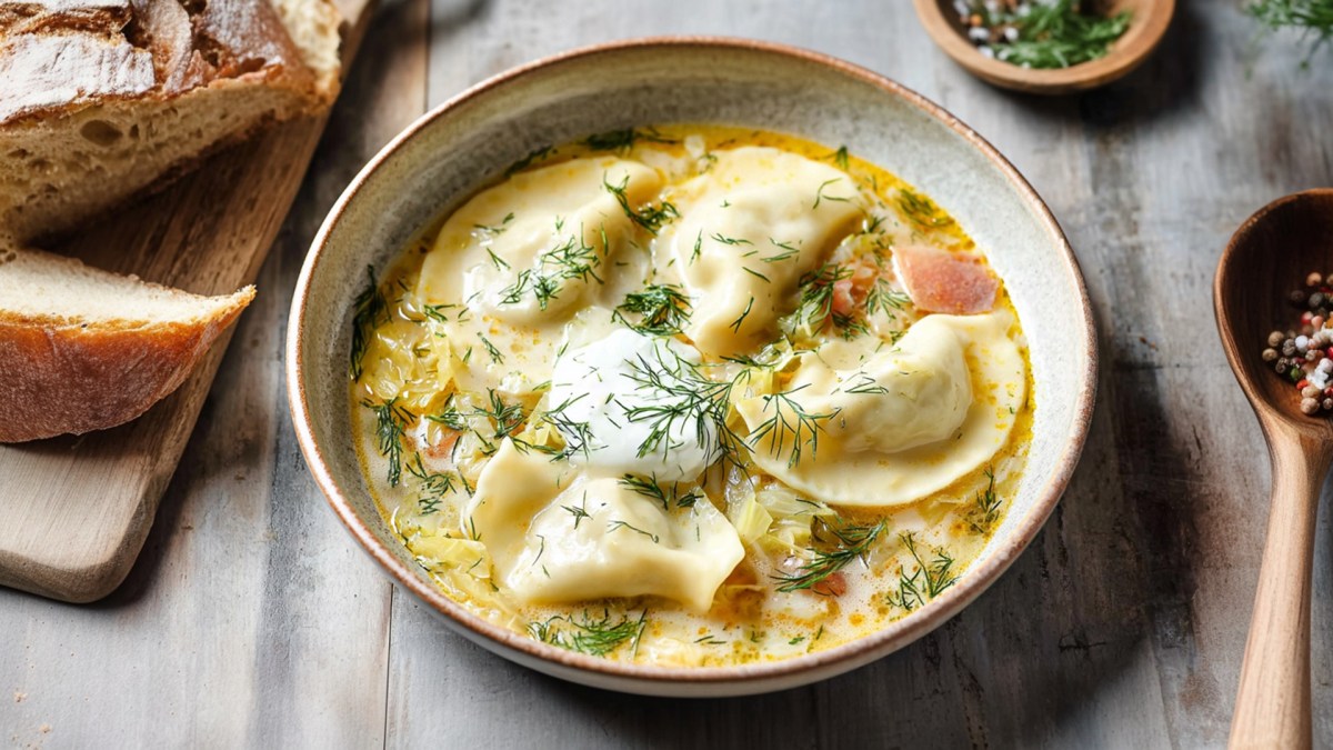 Ein Teller Pierogi-Suppe, die mit Schmand und Dill garniert ist. Daneben steht ein Holzbrett mit aufgeschnittenem knusprigem Baguette. Außerdem kann man einen Holzkochlöffeln mit bunten Pfefferkörnern und eine Schale mit geschnittenem Dill erkennen.