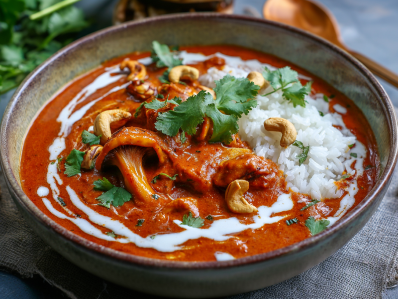 Pilz-Masala, angerichtet in einer dezenten Keramikschüssel. Es ist mit Reis serviert und mit Cashewkernen sowie Korianderblättern angerichtet. Im Hintergrund liegen weitere Korianderblätter und ein Löffel. Links und rechts liegen Cashews. Die Schale steht auf einem grauen Tuch.