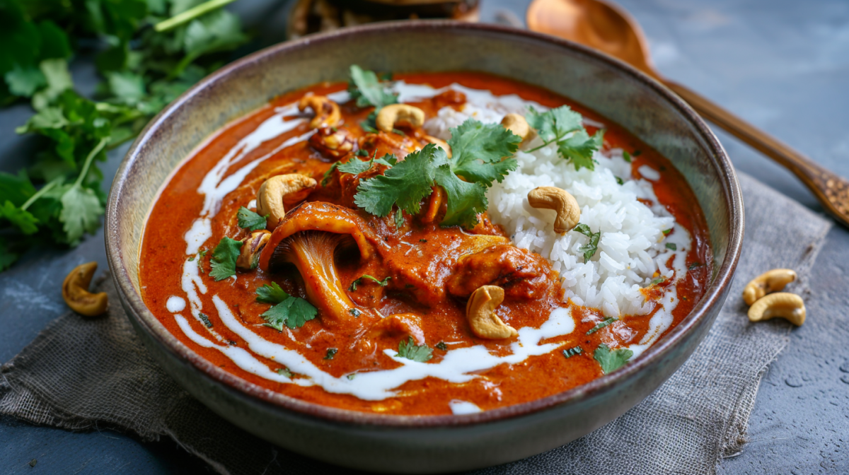 Pilz-Masala, angerichtet in einer dezenten Keramikschüssel. Es ist mit Reis serviert und mit Cashewkernen sowie Korianderblättern angerichtet. Im Hintergrund liegen weitere Korianderblätter und ein Löffel. Links und rechts liegen Cashews. Die Schale steht auf einem grauen Tuch.