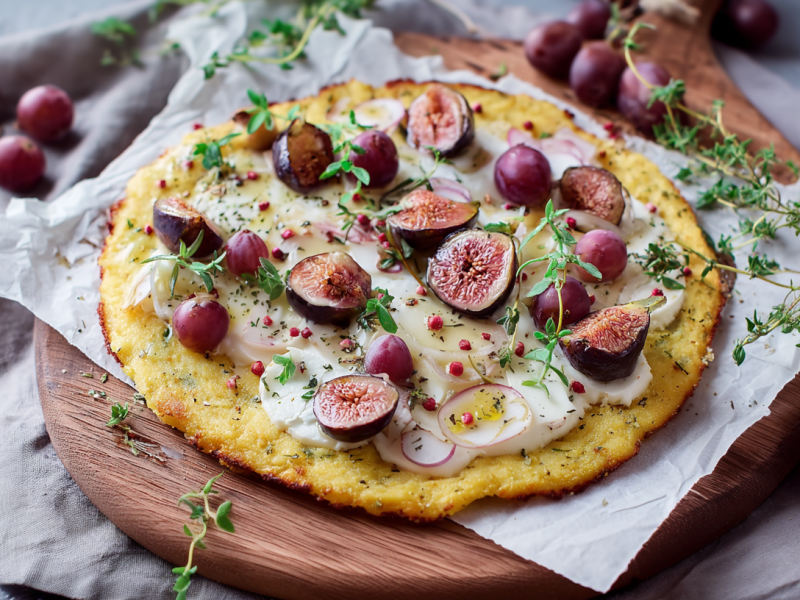Eine Polenta-Pizza mit Feigen und Trauben auf einem Holzuntersetzer. Die Pizza ist mit frischen Kräutern garniert. Im Hintergrund sieht man noch weitere Trauben liegen.