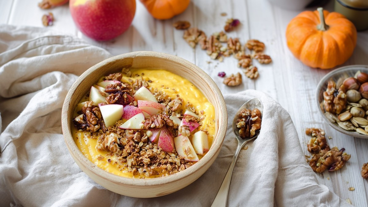 Eine Pumpkin-Pie-Joghurt-Bowl, die mit Apfelstücken, Granola und Walnüssen getoppt ist. Drum herum liegen ein Kürbis, ein Apfel, Nüsse und Granola verstreut.