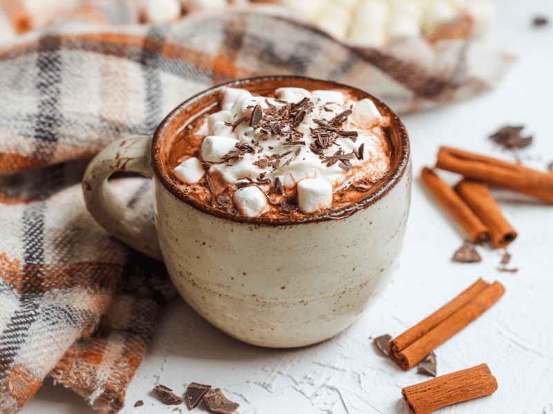 Pumpkin Spice Kakao in einer rustikalen Tasse auf weißen Untergrund. Links neben der Tasse liegt eine Decke, rechts einige Zimtstangen. Der Kakao ist mit Sahne, kleinen Marshmallows und Schokoraspeln garniert.