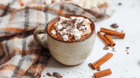 Pumpkin Spice Kakao in einer rustikalen Tasse auf weißen Untergrund. Links neben der Tasse liegt eine Decke, rechts einige Zimtstangen. Der Kakao ist mit Sahne, kleinen Marshmallows und Schokoraspeln garniert.
