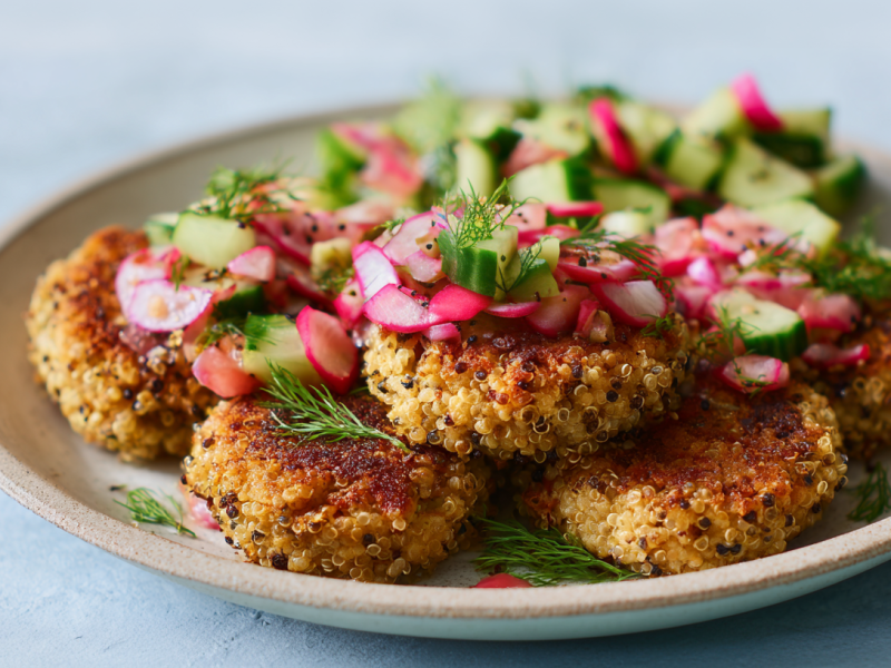 Ein Teller mit Quinoa-Forellenpasteten mit Salsa.