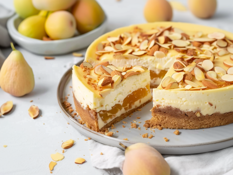 Ein angeschnittener Quitten-Käsekuchen auf einem grauen Teller. Er ist mit Mandelblättchen bestreut. Um ihn herum verteilt liegen einige Quitten sowie Mandelscheiben.