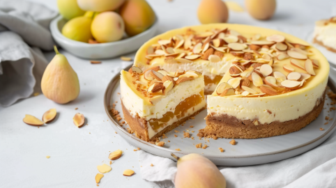 Ein angeschnittener Quitten-Käsekuchen auf einem grauen Teller. Er ist mit Mandelblättchen bestreut. Um ihn herum verteilt liegen einige Quitten sowie Mandelscheiben.