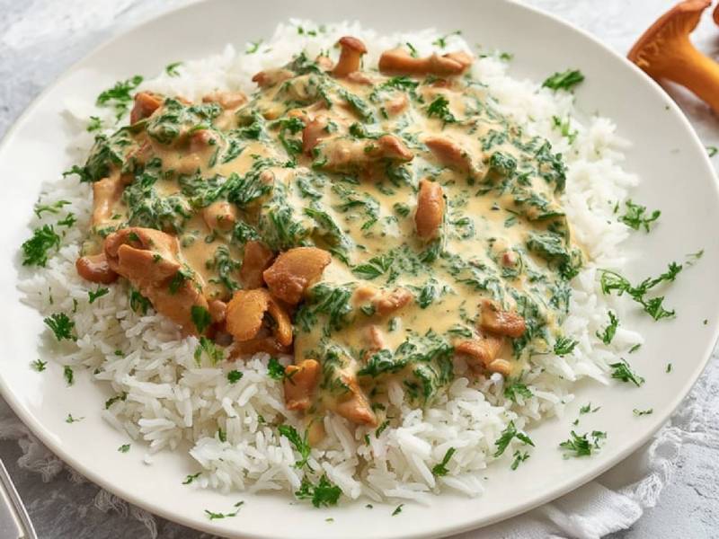 Ein Teller mit Reis mit Pfifferling-Spinatsoße