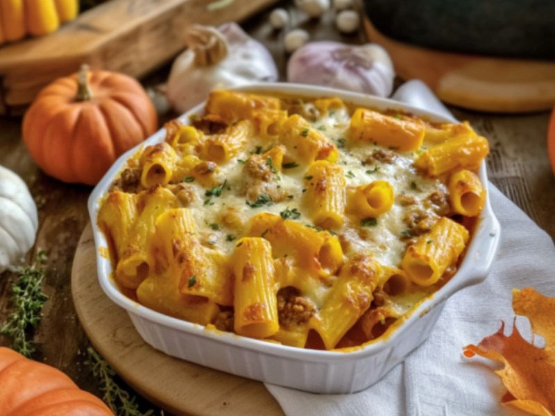 Rigatoni al Forno mit Kürbis in einer Auflaufform. Drumherum bunte Herbstdeko und -zutaten.