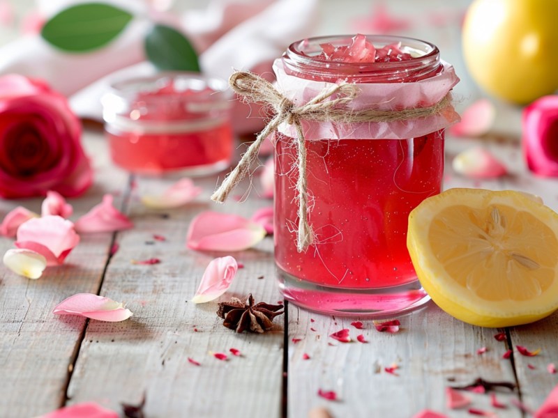 Ein Glas mit Rosenmarmelade. Ringsum liegen Rosenblätter verstreut. Außerdem ist eine halbe Zitrone zu sehen.