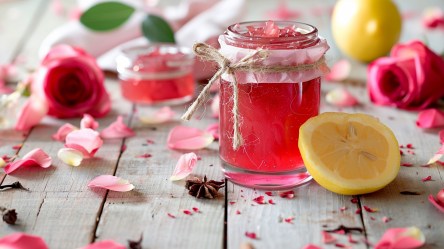 Ein Glas mit Rosenmarmelade. Ringsum liegen Rosenblätter verstreut. Außerdem ist eine halbe Zitrone zu sehen.