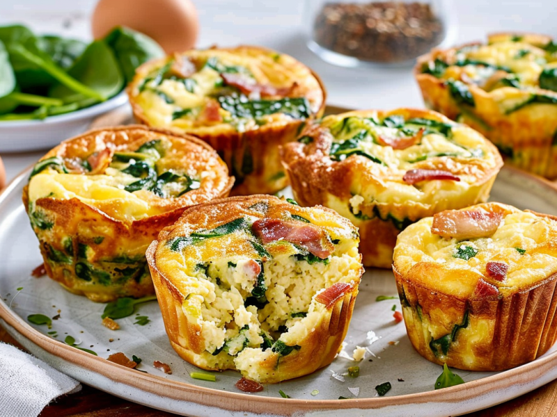 Mehrere Rührei-Muffins mit Spinat und Speck.