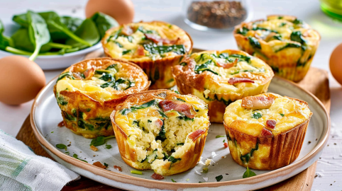 Mehrere Rührei-Muffins mit Spinat und Speck.