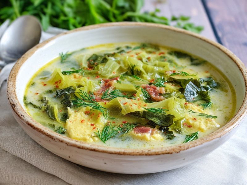 Eine Schüssel voll rumänischer Salatsuppe, die auf einer hellen Stoffserviette platziert ist. Daneben liegt ein Löffel.