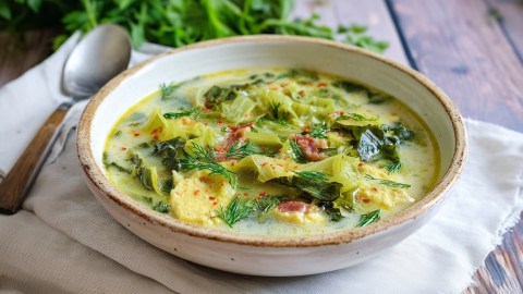Eine Schüssel voll rumänischer Salatsuppe, die auf einer hellen Stoffserviette platziert ist. Daneben liegt ein Löffel.