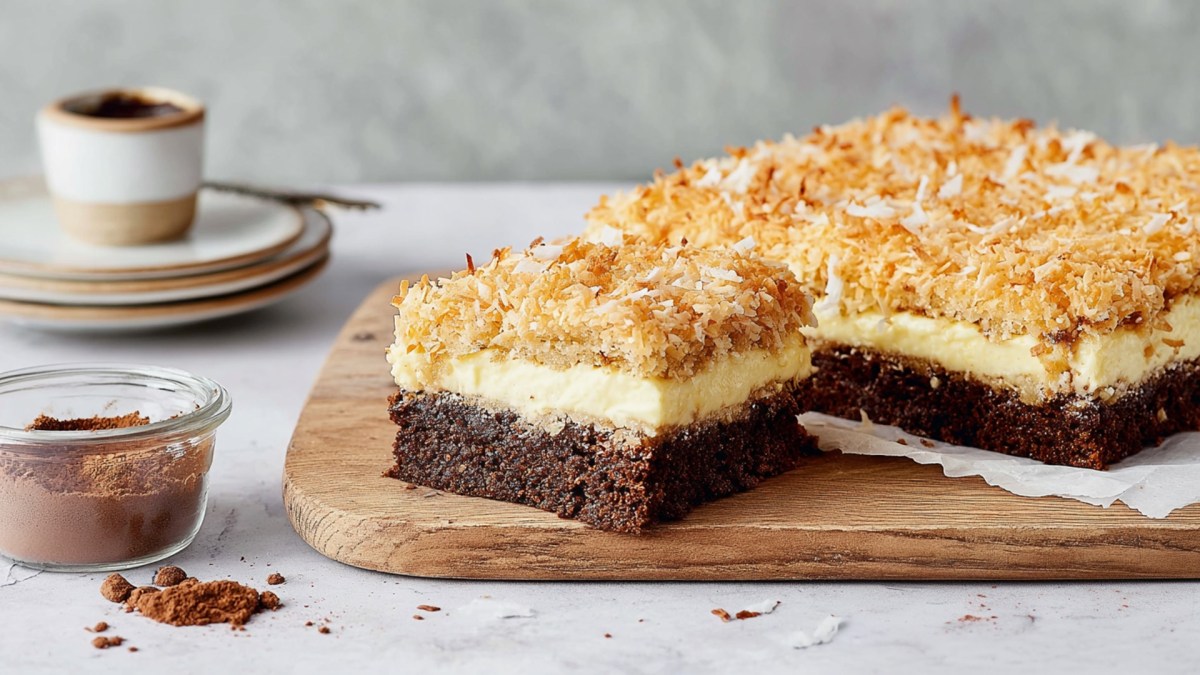 Ein Stück Sägespänekuchen vom Blech, dass auf einem Holzbrett platziert ist. Der Rest des Kuchen liegt ebenfalls auf dem Brett. Außerdem ist links im Bild eine Glasschale mit Kakaopulver zusehen. Im Hintergrund kann man einen Kaffeebecher auf einer Untertasse erkennen.