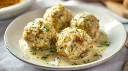 Vier Sauerkrautknödel in Sahnesoße auf einem Teller.