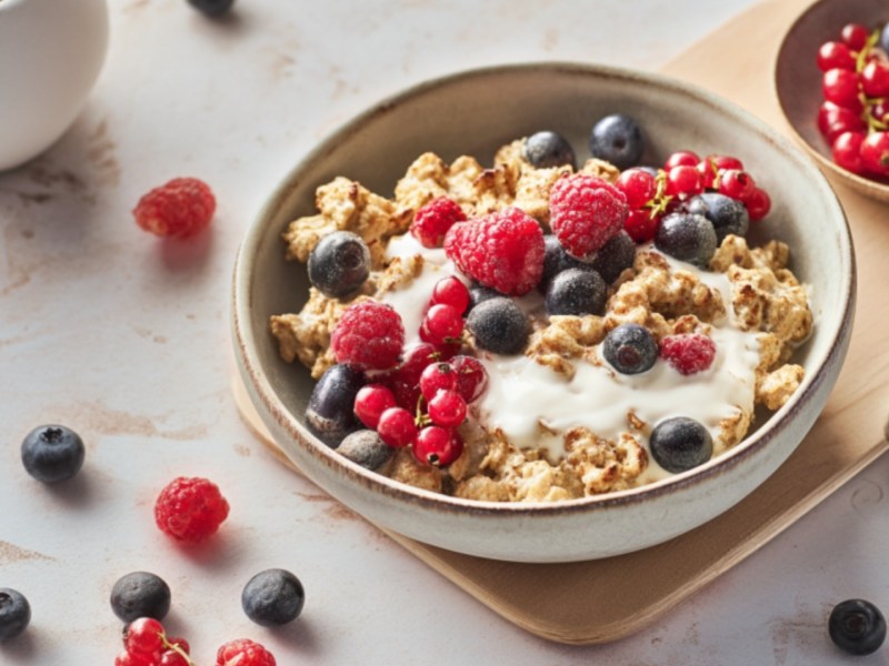 Eine Schüssel Scrambled Oats mit Joghurt und frischen Beeren.