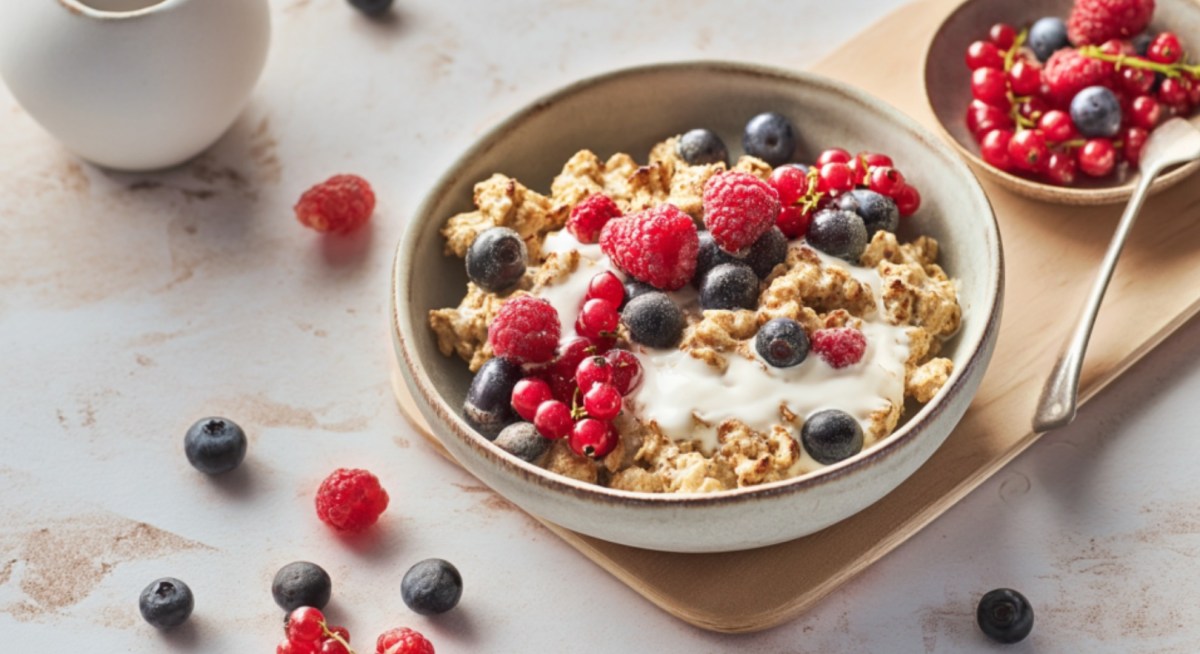 Eine Schüssel Scrambled Oats mit Joghurt und frischen Beeren.
