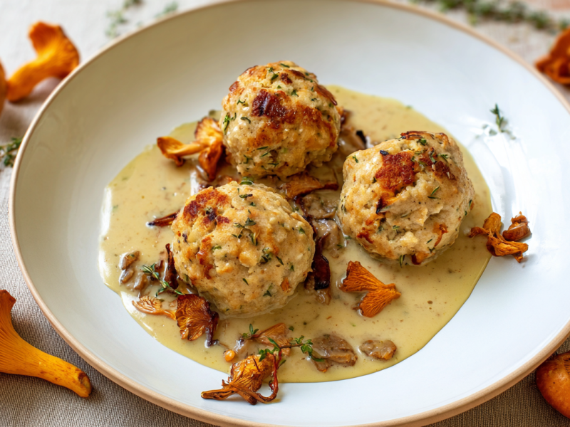Ein Teller, auf dem Semmelknödel mit Pfifferlingen zu sehen sind.