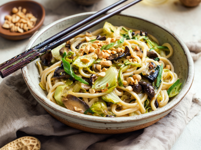 Eine Shiitake-Nudelpfanne, angerichtet in einer Schüssel. Darauf liegen zwei Essstäbchen. Die Schüssel steht auf einem Tuch. Drumherum liegen einige Erdnüsse verteilt.