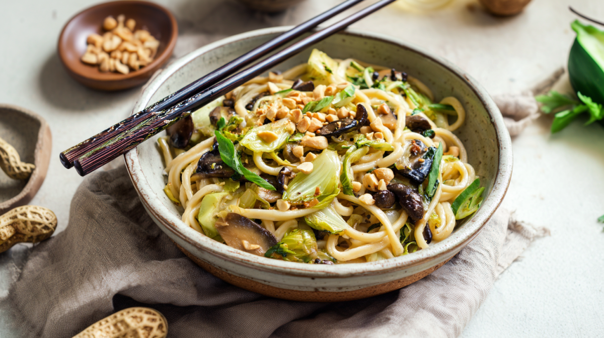 Eine Shiitake-Nudelpfanne, angerichtet in einer Schüssel. Darauf liegen zwei Essstäbchen. Die Schüssel steht auf einem Tuch. Drumherum liegen einige Erdnüsse verteilt.