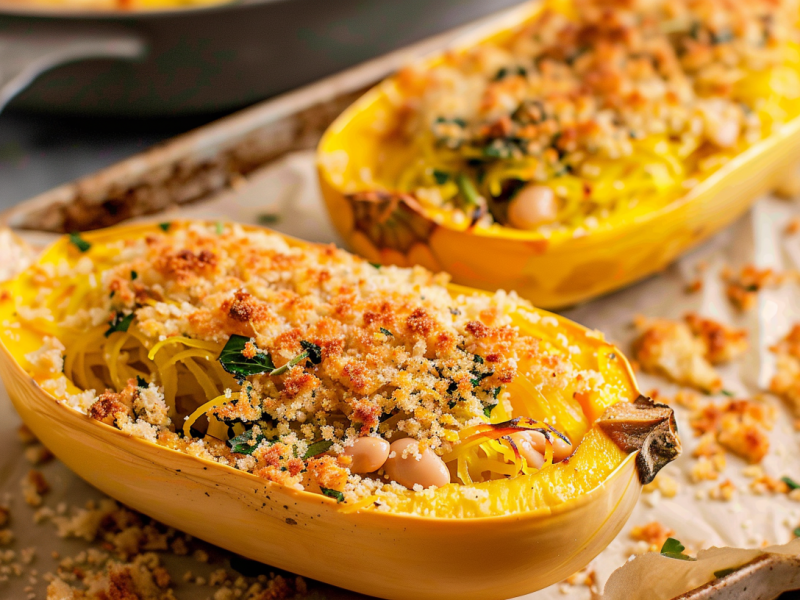 Spaghettikürbis mit Bohnen und Knusperhaube auf einem Backblech.