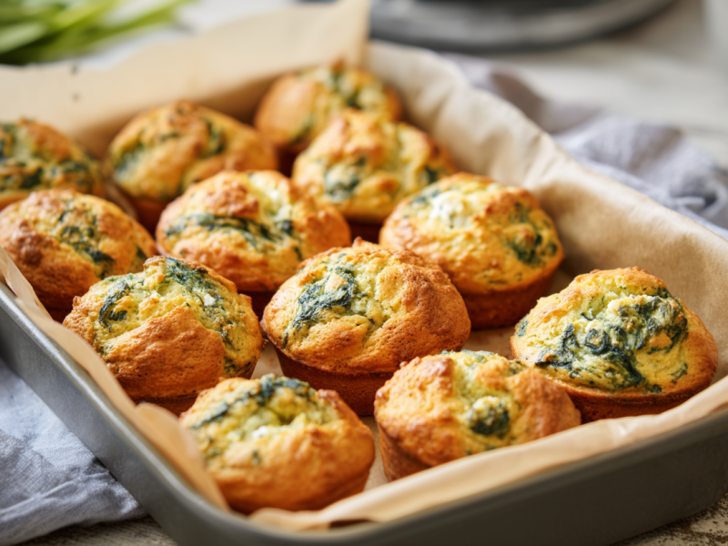 Zwölf Spinat-Feta-Muffins in einer kleinen Backschale. Drumherum liegt ein graues Tuch. Im Hintergrund erkennt man weiteren frischen Spinat.